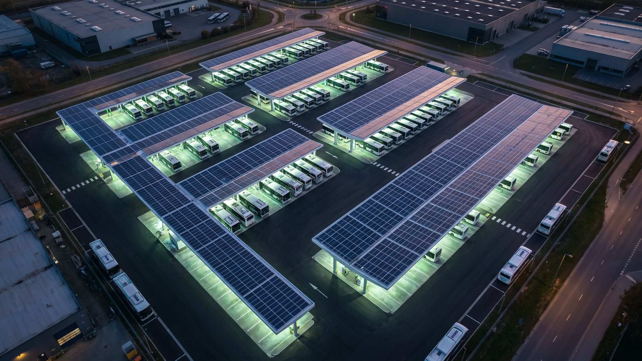 Solar canopy over a bus depot at night